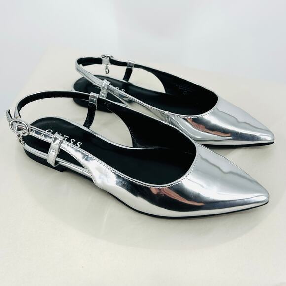 NWOT Guess Trifina Silver Foil Metallic Pointed Toe Sling Back Flats Size 5.5 US - Picture 1 of 8